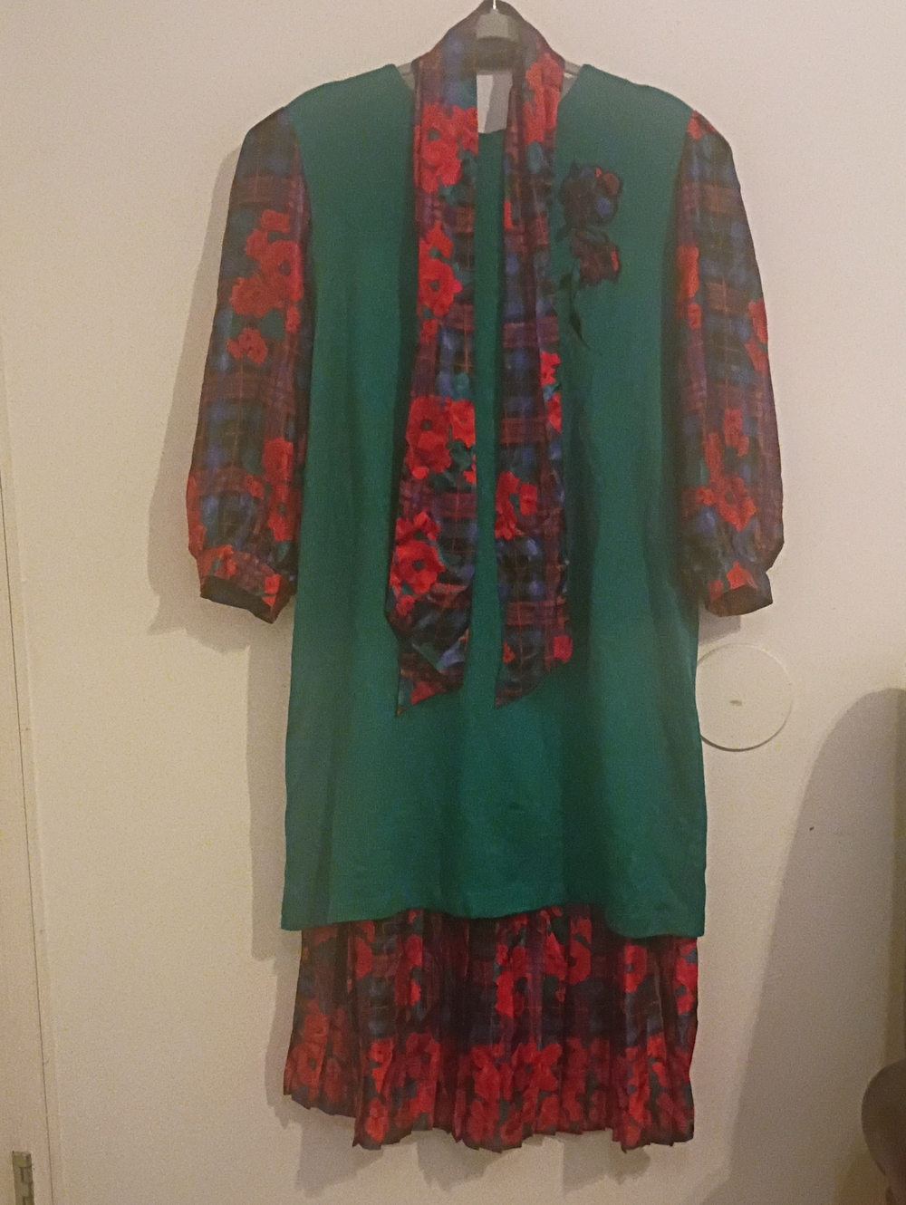 VTG Kelli Kaye Floral Plaid Women's‎ Sweater Dress Plaid Skirt With Scarf Sz 20W
